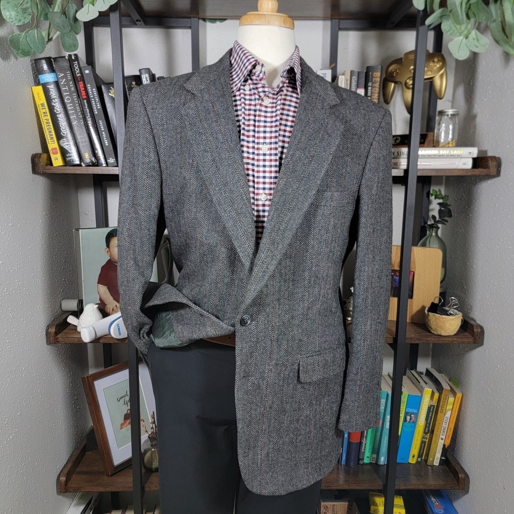 VTG Town Craft Men's Tweed Sport Coat Blazer Two‎ Button Herringbone Striped 44L